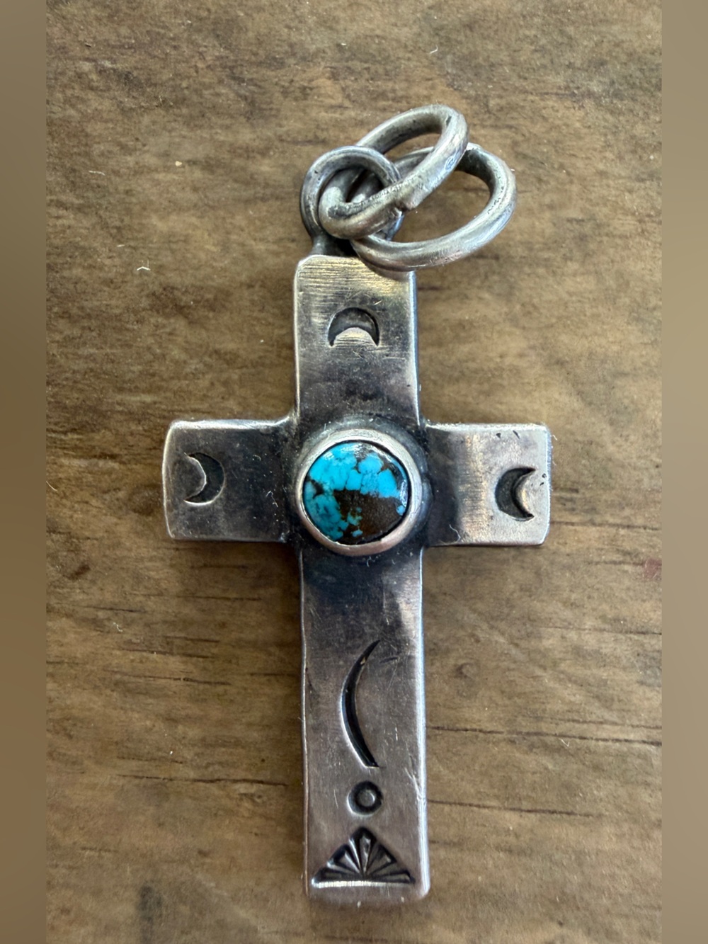Vintage Native Navajo Handmade Sterling Silver Turquoise Cross Pendant Signed